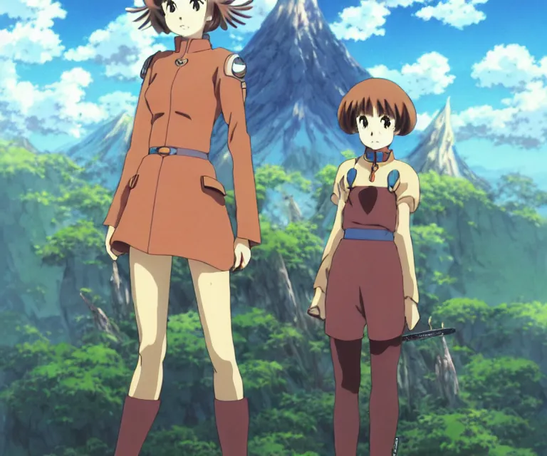 Image similar to anime art full body portrait character nausicaa by hayao miyazaki concept art, anime key visual of elegant young female, short brown hair and large eyes, finely detailed perfect face delicate features directed gaze, valley of the wind and mountains background, trending on pixiv fanbox, studio ghibli, extremely high quality artwork by kushart krenz cute sparkling eyes scenery