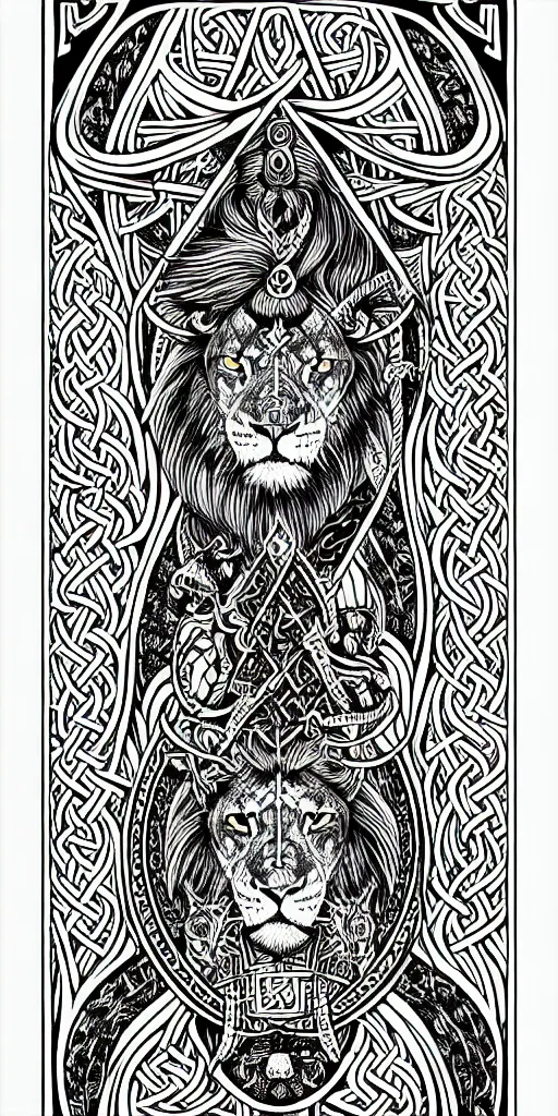 Image similar to a beautiful black and white fractal viking lioness tarot card featuring bold occult imagery with clean lines. detailed adult coloring book