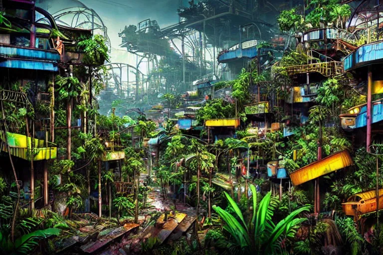 Image similar to favela winding cybernetic amusement park, lush floral jungle environment, industrial factory, apocalyptic, award winning art, epic dreamlike fantasy landscape, ultra realistic,