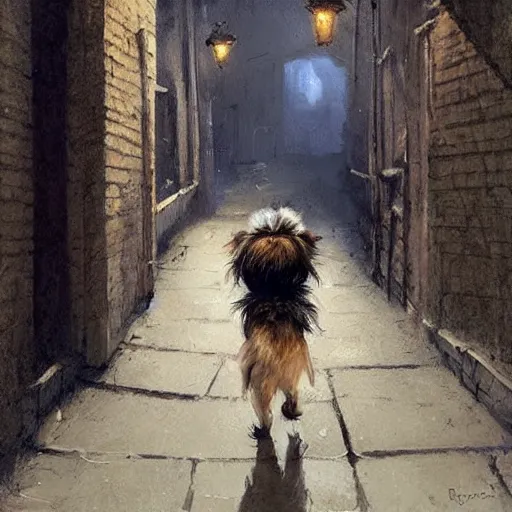 Image similar to detective yorkshire terrier wearing a fedora, in a dark alley, Greg Rutkowski, art station