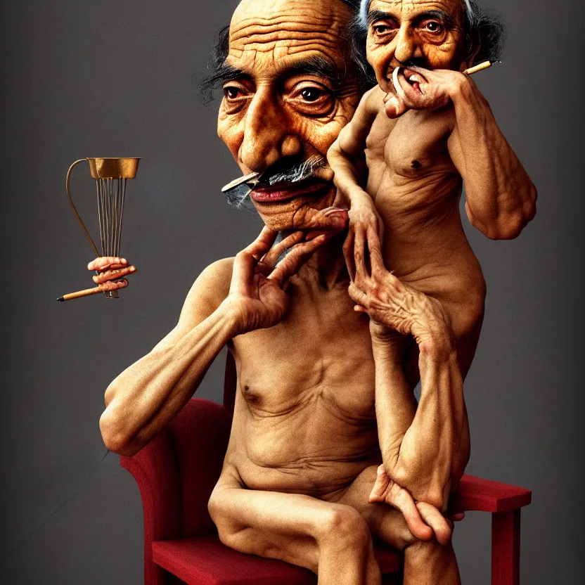 Prompt: portrait of a khatapa sitting on a chair, cute, hilarious, light - hearted, highly detailed, funny, hahahaha, by salvador dali, found on artstation, hyperrealistic digital art