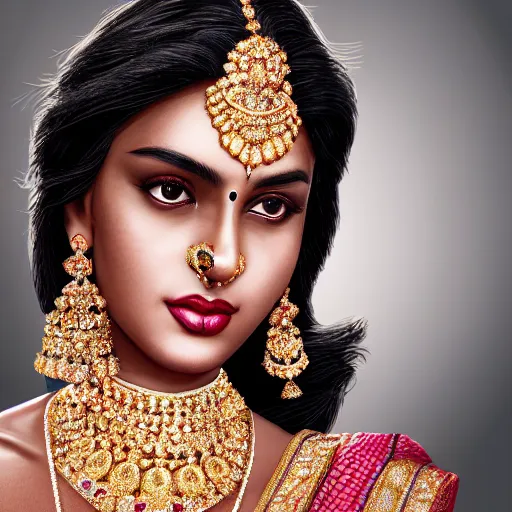 Image similar to portrait of wonderful hindi princess of diamond with dark skin, ornate with diamonds, 8 k, gorgeous, intricate, detailed, glowing white accent lighting, dramatic lighting, octane render