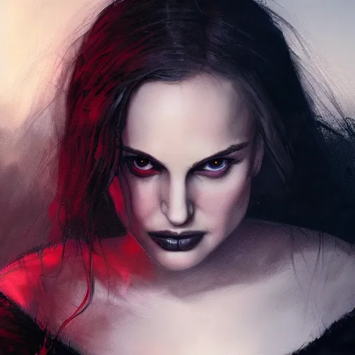 Image similar to closeup portrait of a young natalie portman in a gothic dress, eerie colors, dramatic light, gorgeous view, depth, high detail, digital art, painted by greg rutkowski and seb mckinnon, by tim burton, trending on artstation