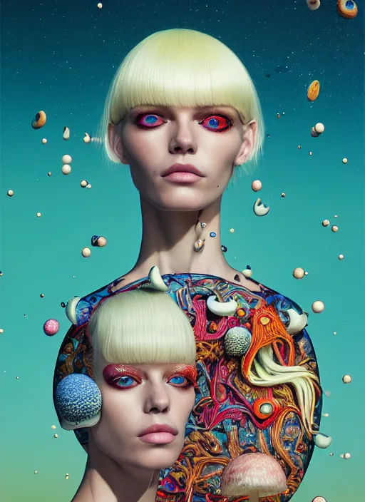 Prompt: pretty futuristic blonde model with hallucination mushroom : : by martine johanna and simon stalenhag and chie yoshii and casey weldon and wlop : : ornate, dynamic, particulate, rich colors, intricate, elegant, highly detailed, vogue, harper's bazaar art, fashion magazine, smooth, sharp focus, 8 k, octane render,