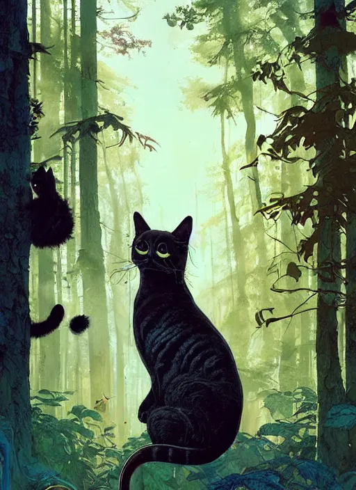 Image similar to a hyper realistic ink cat alien technology and sunbeams blue sky, lush forest foliage painting by chiara bautista and norman rockwell and greg rutkowski weta studio, and lucasfilm