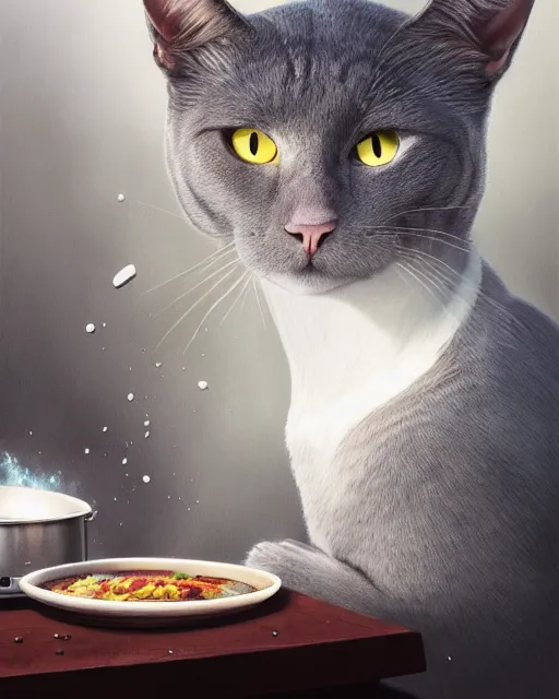 Image similar to highly detailed surreal vfx portrait of a grey cat with chefs hat on cooking a meal, stephen bliss, unreal engine, greg rutkowski, loish, rhads, beeple, makoto shinkai and lois van baarle, ilya kuvshinov, rossdraws, tom bagshaw, alphonse mucha, global illumination, detailed and intricate environment