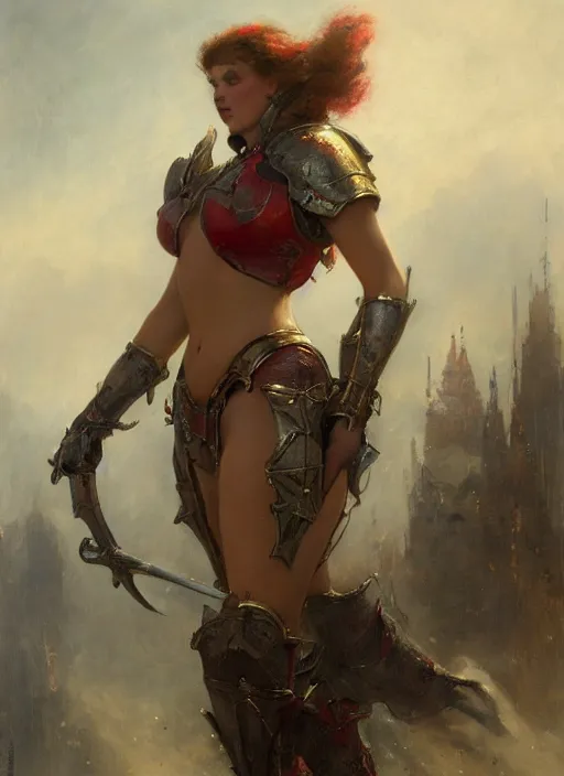 Prompt: beautiful anorei collins bbw plumper big girl wearing tiny red steel armour, detailed by gaston bussiere, bayard wu, maxim verehin, greg rutkowski, masterpiece, sharp focus, cinematic lightning