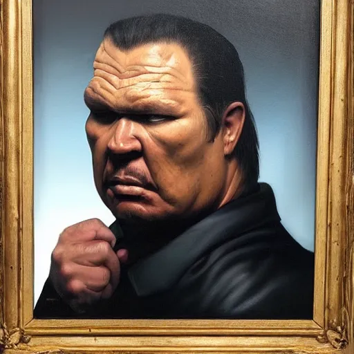 Prompt: Oil painting by Christian Rex Van Minnen of a portrait of an extremely bizarre disturbing mutated steven seagalwith intense chiaroscuro lighting very detailed insanely creepy perfect composition