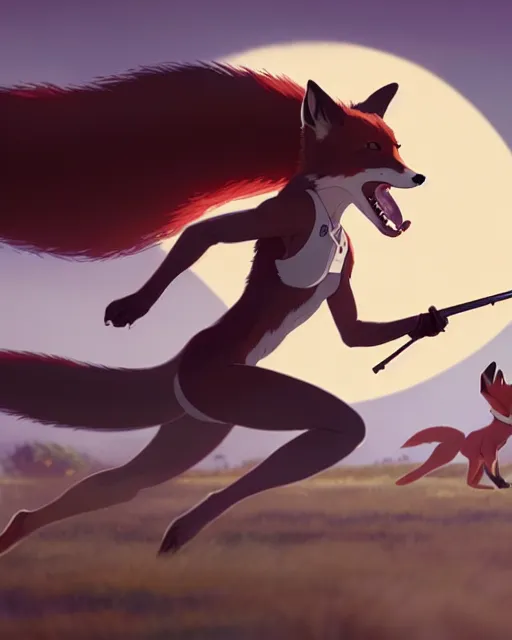 Prompt: a beautiful, dynamic illustration of an anthropomorphic fox - woman running while firing her winchester rifle, wild west theme, bullets whizzing by, motion blur and speed lines, studio muti, greg rutkowski, makoto shinkai, takashi takeuchi, studio ghibli