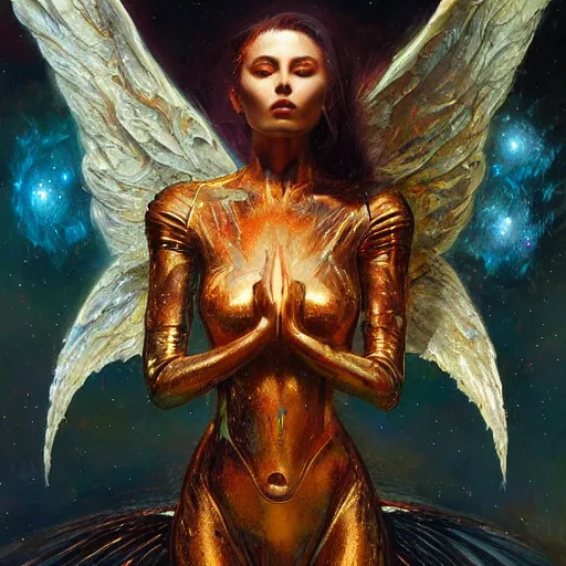 Image similar to UHD hyperrealistic photorealisitc, detailed cosmic robot with real angel wings, by Karol Bak, Greg Rutkowski and Adrian Ghenie, tonalism, rich deep colors masterpiece