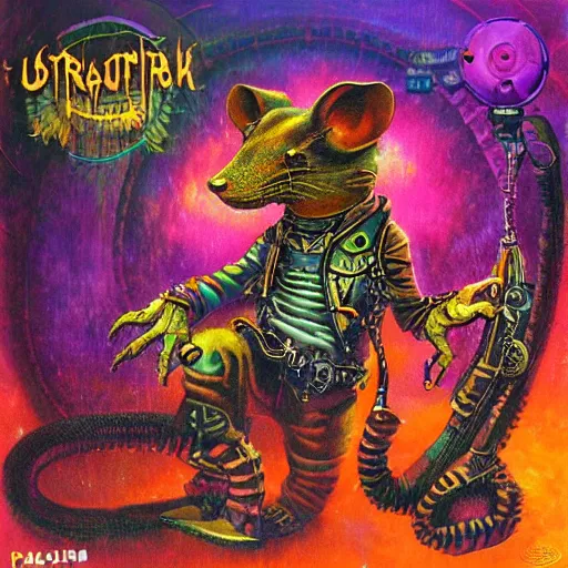 Image similar to steampunk rat, acid, 303, psychedelic, by paul lehr, cd cover for psytrance artist