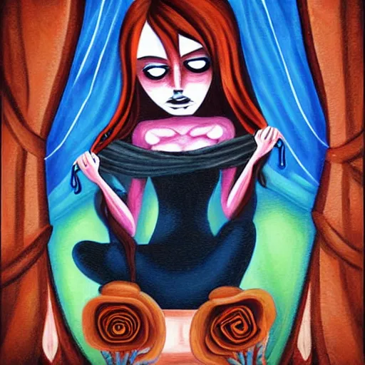 Image similar to macabre painting of a person sewing themselves shut by jeremiah ketner | horror themed | creepy