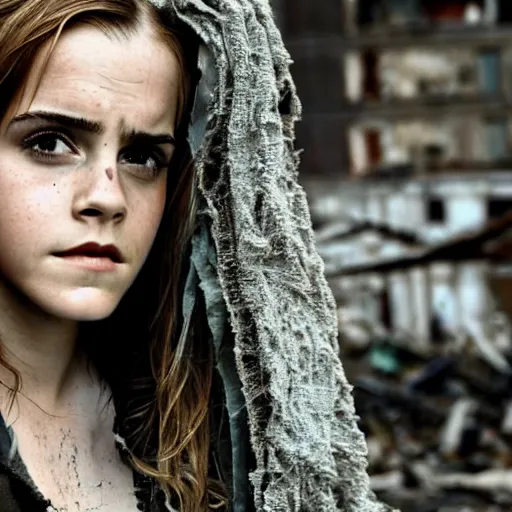 Prompt: concerned and tired emma watson in shredded dirty clothes rags, in the ruins of civilization after the apocalypse, looming city ruins backdrop, hd photo, high detail