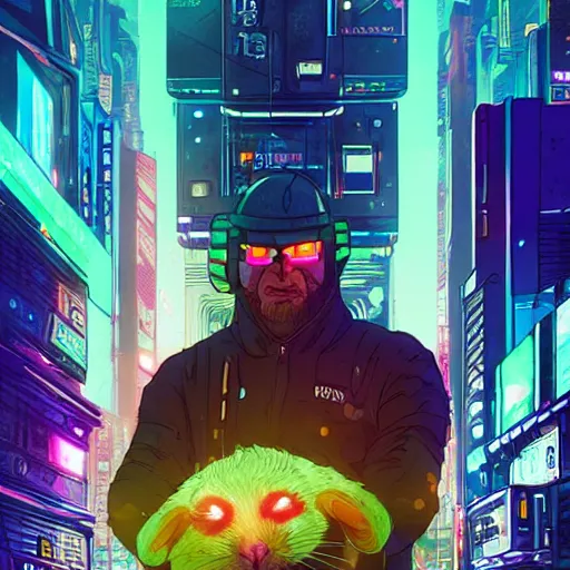 Image similar to high detailed humanized hamster in a cyberpunk rainy city at night by josan gonzalez, purple and blue neons, unreal engine, high quality, 4 k, uhd, trending on artstation, wires, blade runner vibes, ghost in the shell, akira, dorohedoro