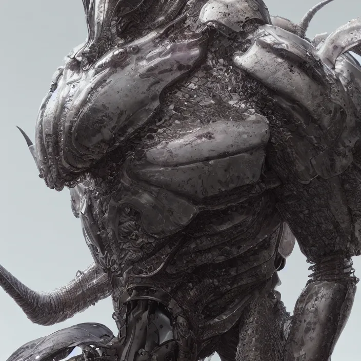 Image similar to a character in a scenic environment by wayne barlowe and nihei tsutomu, close up shot, dreamy hazy, biological armor, highly detailed, 3 d render, vray, octane, realistic lighting