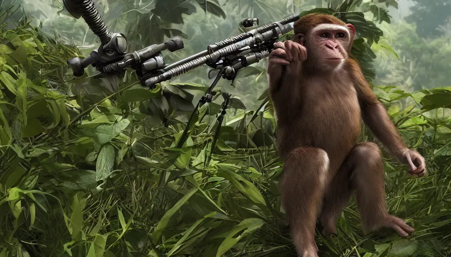 Prompt: Sniper monkey in a bush, hyperdetailed, artstation, cgsociety, 8k