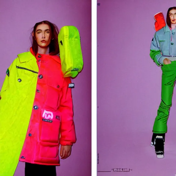 Prompt: model in baggy neon 9 0 s ski clothing by rick owens. magazine ad. pastel background.