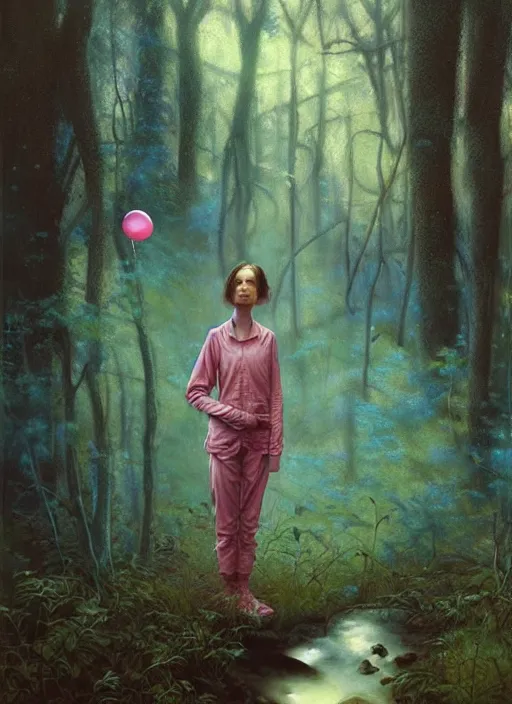 Image similar to bubblegum in the woods by a stream, river gorgeous lighting, lush forest foliage blue sky a hyper realistic painting by chiara bautista and beksinski and norman rockwell and greg rutkowski, tom bagshaw weta studio, and lucasfilm