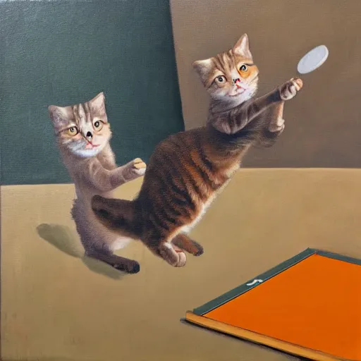 Image similar to Deux chats jouent au ping pong sur un fond orange, oil painting