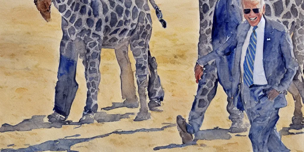 Image similar to Joe Biden in a giraffe suit , walking in the desert watercolor painting