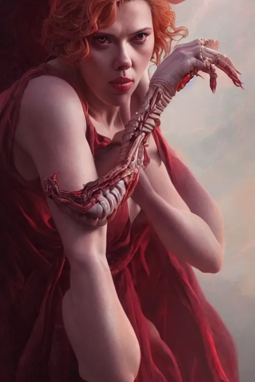 Prompt: Scarlett Johansson as the Queen of Hell , Highly Detailed anatomy, only two hands, highly detailed, digital painting, artstation, concept art, smooth, sharp focus, illustration, Unreal Engine 5, 8K, art by art by artgerm and greg rutkowski and edgar maxence