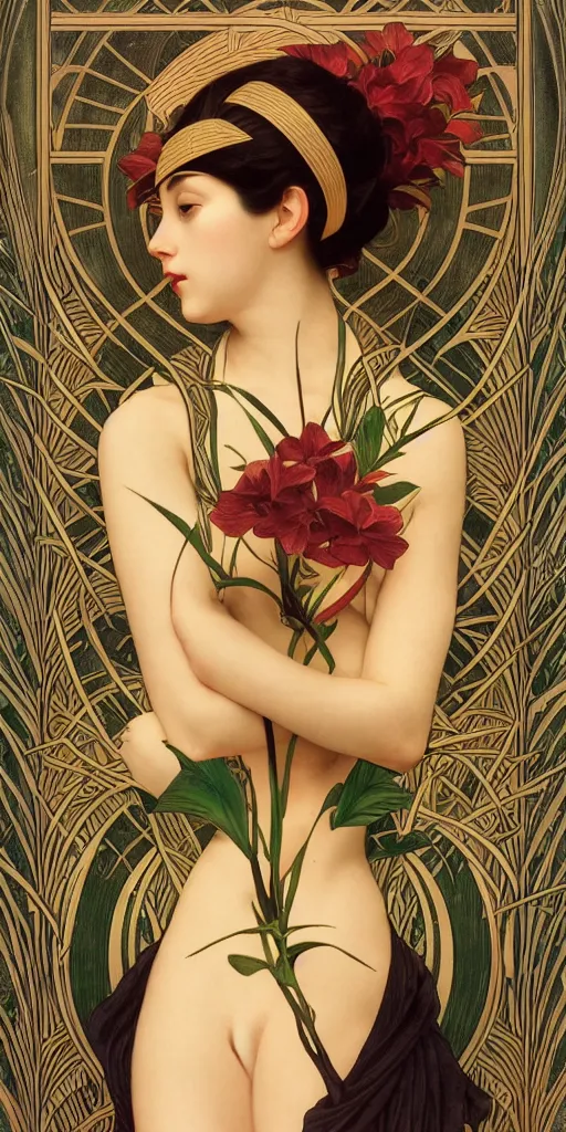 Prompt: an art deco tarot card, ikebana, symmetric, highly detailed, elegant, concept art, sharp focus, illustration, alexandros pyromallis, bouguereau, rutkowski, artgerm, tamara de lepika, alphonse mucha