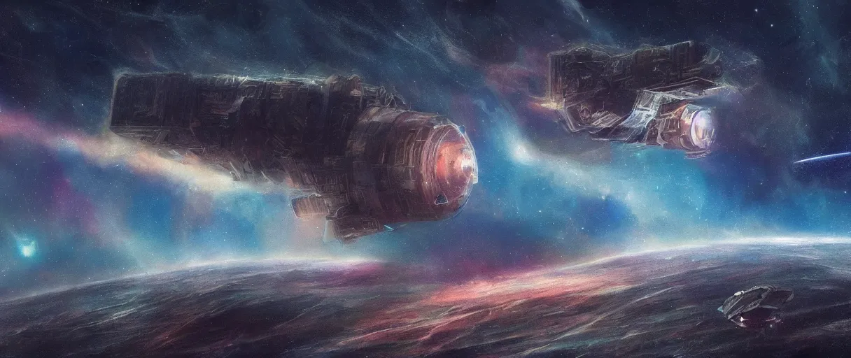 Prompt: lone industrial!!! spaceship!!, deepspace exploration!!!, flying, ridley scott universe, floating!!! in a nebula, the final frontier, illustrative!!, apparent brush strokes, hyperdetailed, sketch, cinematic lighting, 4k, wide angle, beksinski,, trending on artstation