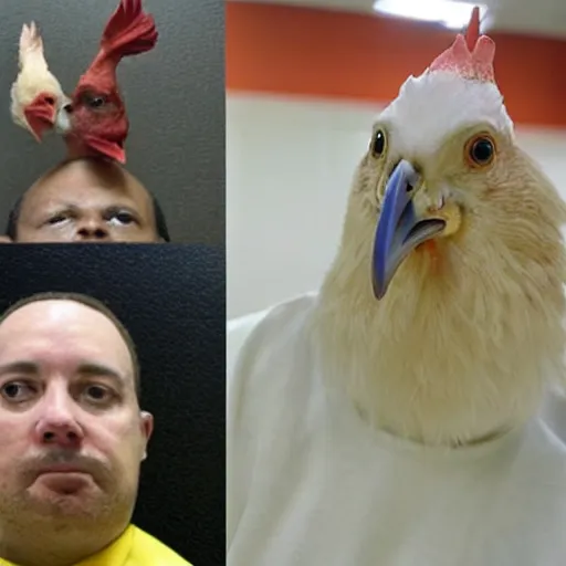 Image similar to an inmate has a chicken head instead of its own head