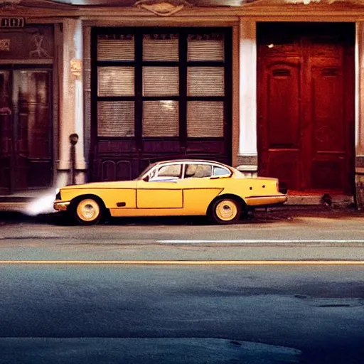 Prompt: empty street, jaguar, portrait, at night, by addy campbell, cinematography by wes anderson