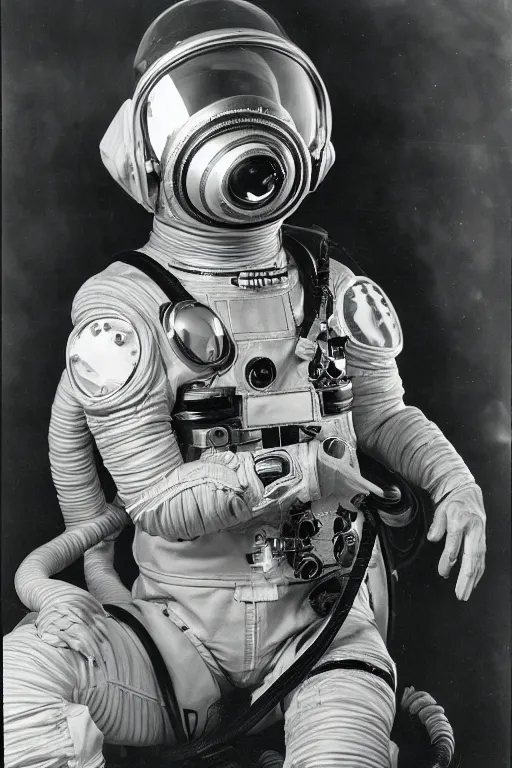 Image similar to extremely detailed studio portrait of space astronaut, alien tentacle protruding from eyes and mouth, slimy tentacle breaking through helmet visor, shattered visor, helmet is off, full body, soft light, disturbing, shocking news, award winning photo by james van der zee