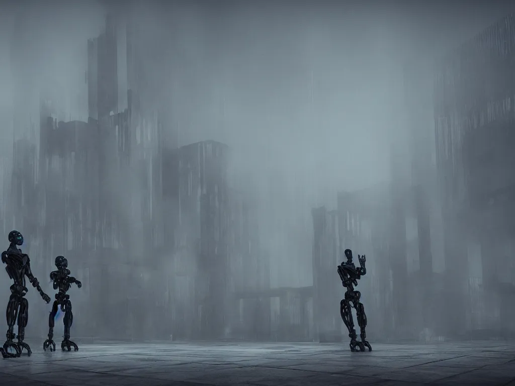 Prompt: robotic black metal band, humanoid, baroque, brutalist structures in the background, atmospheric fog, octane render, cinematic, 8 k