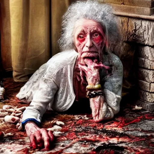 Prompt: an ultra realistic 8 k hdr photo of an elderly jagged raggedy witch woman circled up on the floor over a corpse with blood and meat and bones and mold and spider webs