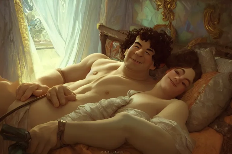 Image similar to russian poet alexander pushkin and shrek together in bed, portrait, highly detailed, digital painting, artstation, concept art, smooth, sharp focus, illustration, cinematic lighting, art by artgerm and greg rutkowski and alphonse mucha