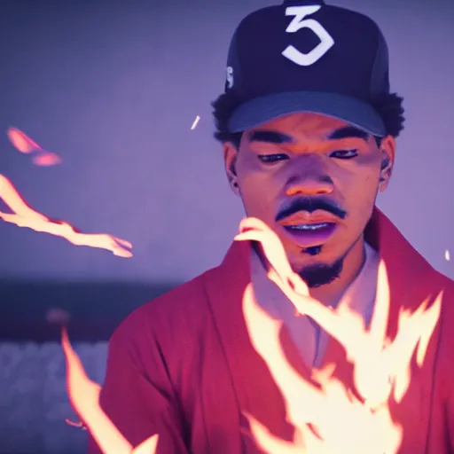 Image similar to cinematic film still of Chance The Rapper starring as a Samurai holding fire, Japanese CGI, VFX, 2022, 40mm lens, shallow depth of field, film photography