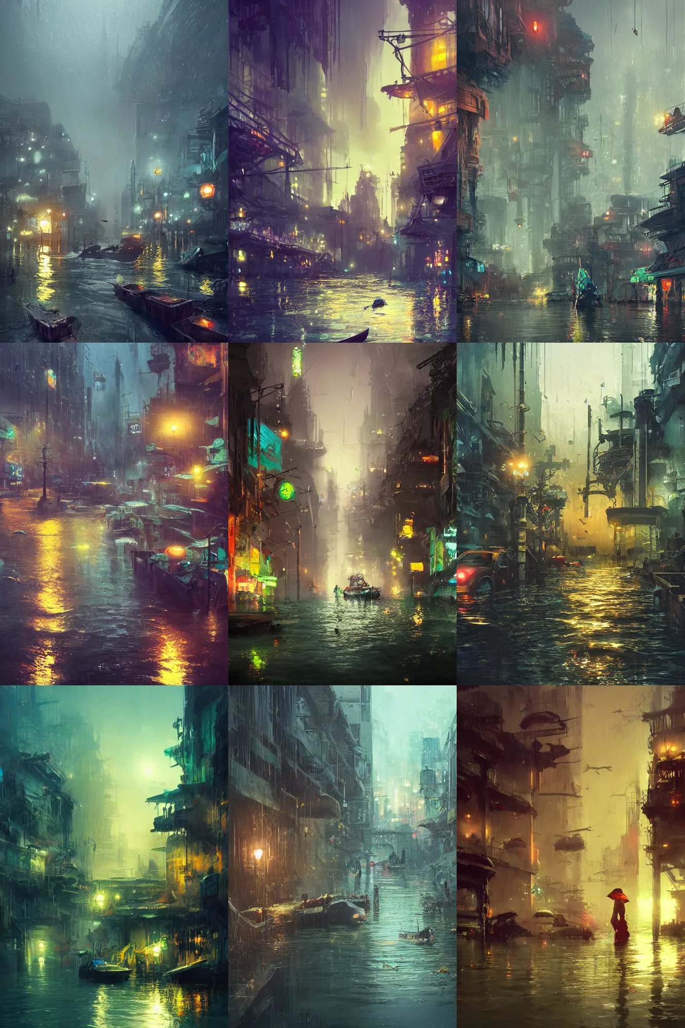 Prompt: flooded city, fish, algae, boats, city lights, saturated colors, rain, greg rutkowski, trending on artstation, concept art