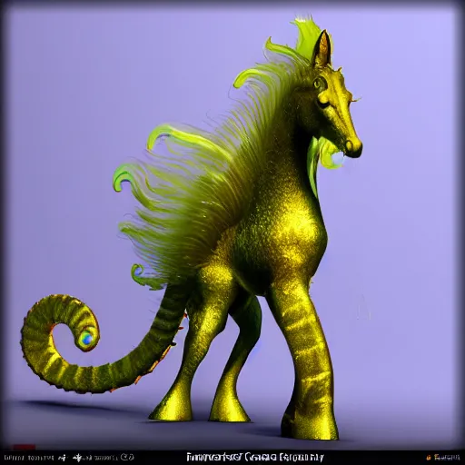 Image similar to fantasy creature hybrid cat seahorse with long detailed fur iridescent 3 d render 4 k