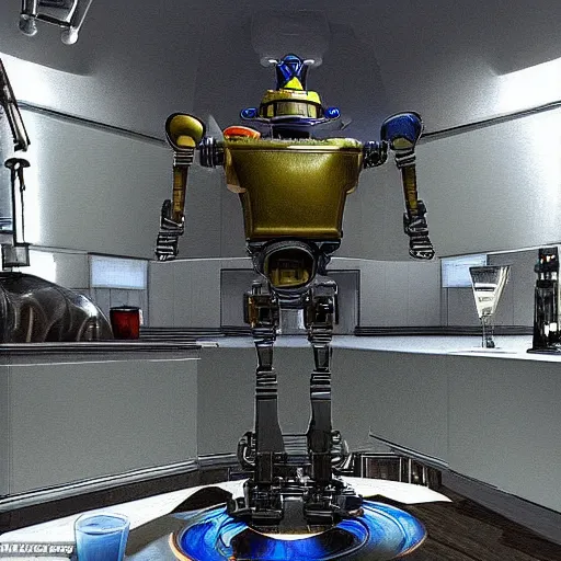 Prompt: the robot mr. assistant codsword holds a faceted glass of milk in one of the manipulators, realism, reflections, metal body, in the kitchen, in the style of fallout 4,