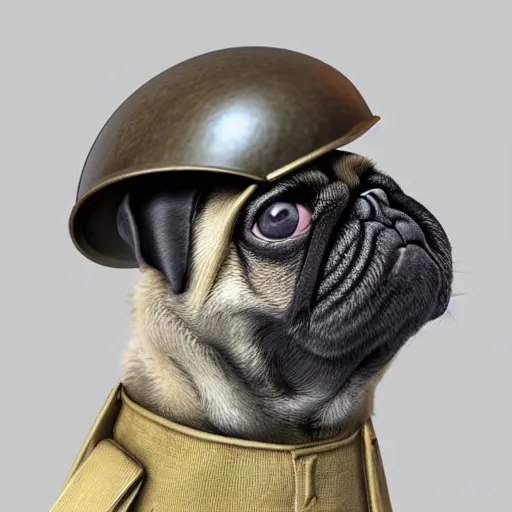 Prompt: high detailed soft 3 d render of a little pug dog with a first world war german helmet on his head sitted on the top of a bazooka, very detailed, 3 d, trending on artstation
