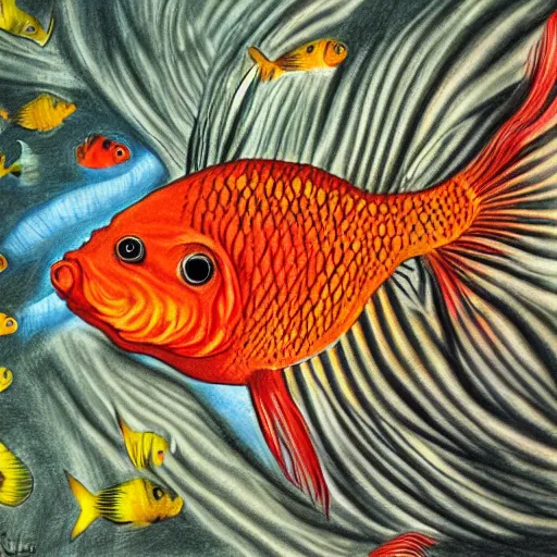 Prompt: hypercolorful goldfish in a confusing aquarium, surrealist drawing