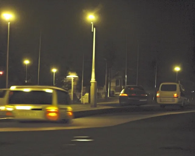 Image similar to suburban english street at night, 2006, yellow street lights, cars parked, amateur, flickr