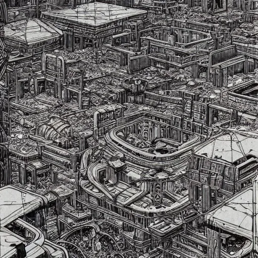 Prompt: an ancient destroyed futuristic city by Moebius, intricately detailed