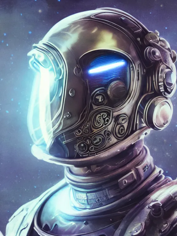 Image similar to portrait art of 8k ultra realistic retro futuristic undead astronaut, helmet visor open, glow around helmet, deep space , detailed intricate ornate armour,blade runner, cybernetic, full of colour, cinematic lighting, trending on artstation, 4k, hyperrealistic, focused, extreme details,unreal engine 5, cinematic, masterpiece, art by ayami kojima, giger