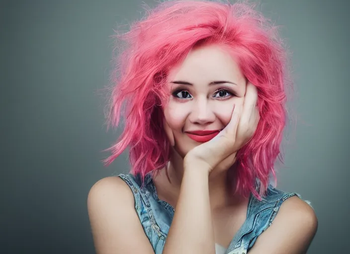 Image similar to portrait photography, the most beautiful woman in the world, beautiful, happy expression, cheery, 8k, closeup headshot, smooth, trending on 500px, pink hair