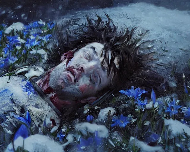 Image similar to Highly realistic oil painting of a wounded knight lying in the snow, surrounded by blue flowers, blood on flowers, by greg rutkowski, highly detailed, cinematic lighting, moody, dark