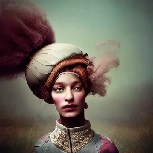 Image similar to a brown woman wearing a candy floss armor. super detailed. layered. textured. award winning. refracted lighting. fragile. by ray caesar. by louise dahl - wolfe, by andrea kowch. surreal photography.