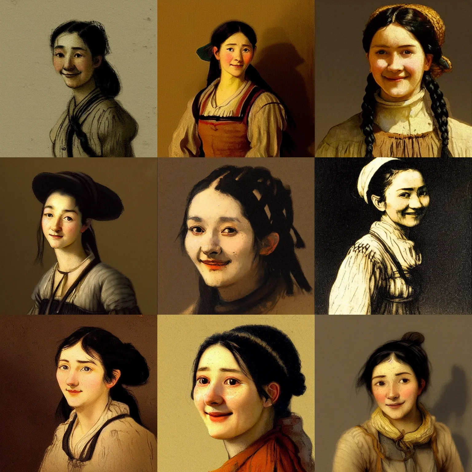 Prompt: a smiling, melancholic black haired, young hungarian peasant woman from the 19th century who looks very similar to Lee Young Ae with a hair braid, detailed, high contrast, shadows, concept art by Rembrandt and Thorma János