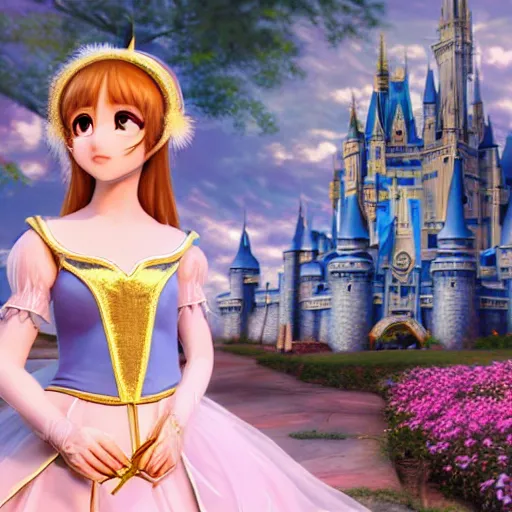 Image similar to a very detailed, ultra-realistic, pleasant, beautiful, funny, smooth 3D CG render, semirealistic anime style, close-up of a gorgeous, cute, gentle, noble priestess magician princess girl wearing dress and jewelry, in a glorious magic kingdom with castle and walls, relaxing calm vibes, fairytale, octane render