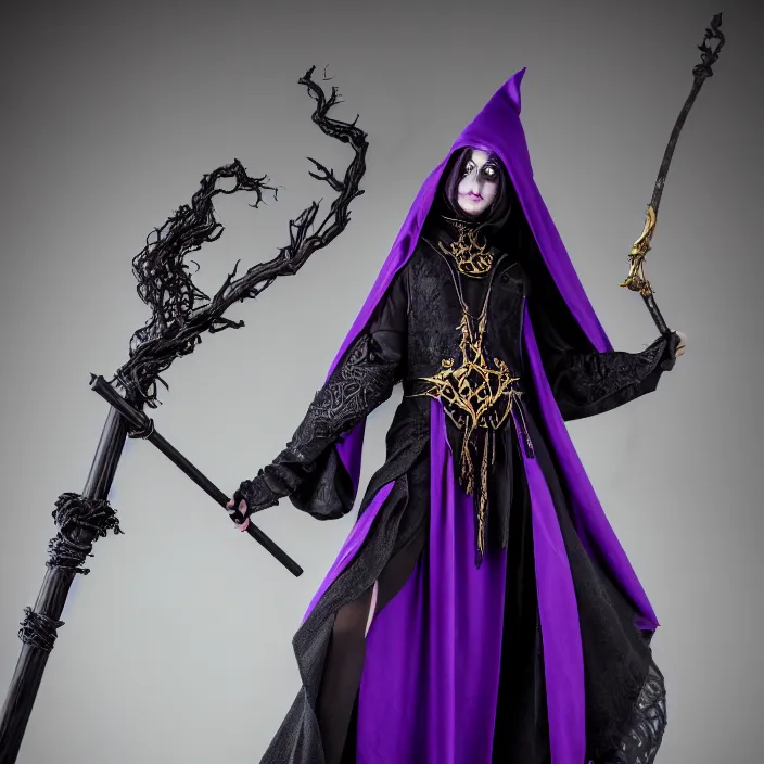 Image similar to photograph of a real - life beautiful! elemental darkness witch with ornate black and purple robes and staff. extremely detailed. 8 k