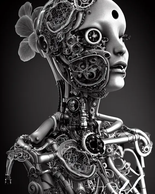 Image similar to black and white dreamy foggy smoky profile face portrait, one silver steampunk realistic eye biomechanical beautiful young female cyclope - cyborg - robot bust, body ribs meshes,, volumetric light, hibiscus flowers, by hg giger, rim light, by dora maar and cecile beaton, big gothic fashion pearl embroidered collar, 8 k