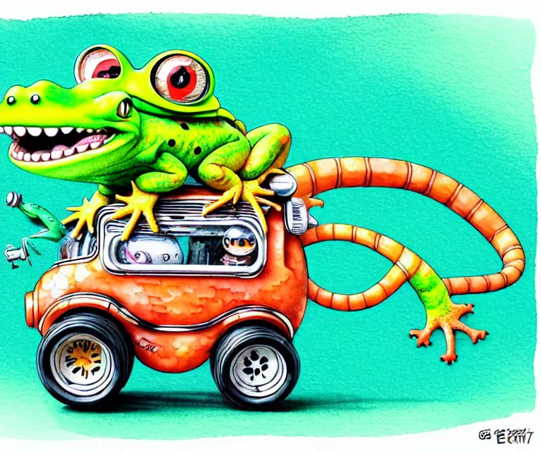 Image similar to cute and funny, gecko wearing a helmet riding in a hot rod with oversized engine, ratfink style by ed roth, centered award winning watercolor pen illustration, isometric illustration by chihiro iwasaki, edited by range murata, tiny details by artgerm and watercolor girl, symmetrically isometrically centered, sharply focused